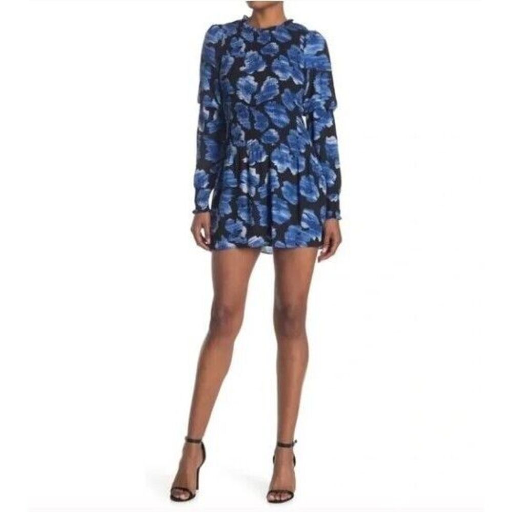 NWOT Parker Lilly Floral Blouson‎ Sleeve Dress Tidal Rain Size Small Blue Black